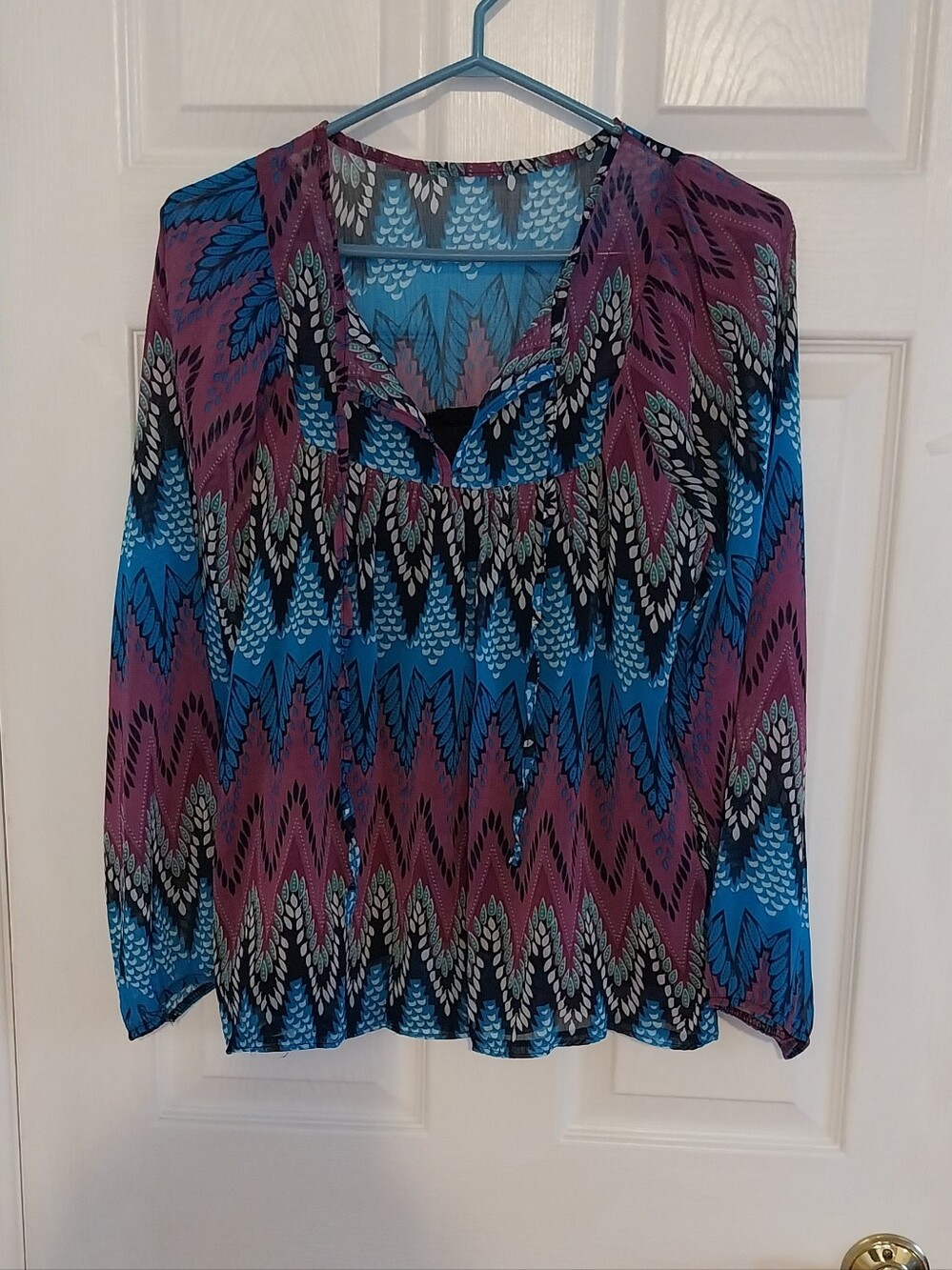 Women’s Printed Peasant Blouse in Blue and Purple